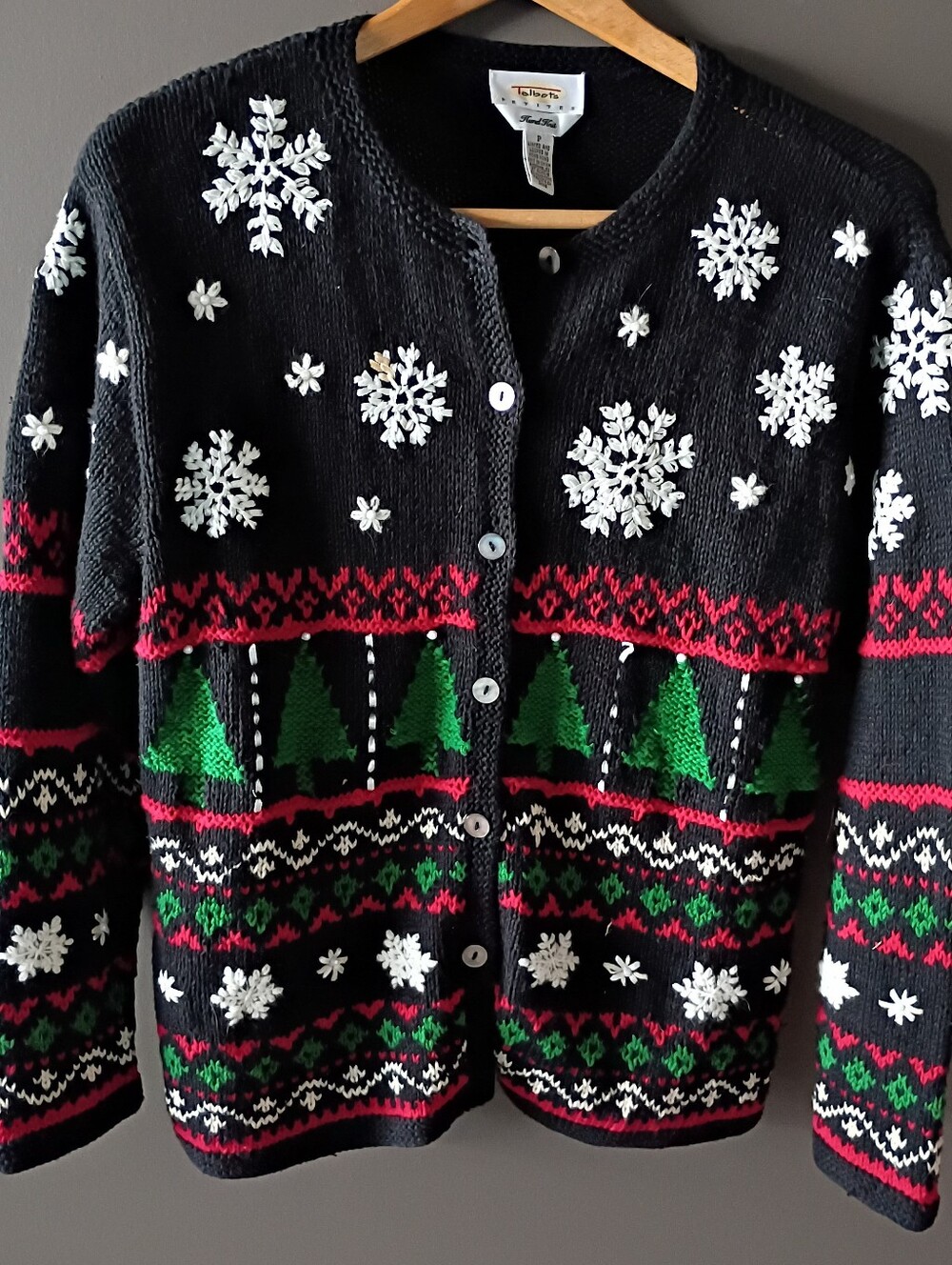 Vintage Talbot Embroider Bead Snowflake Christmas Tree Holiday Cardigan Sweater